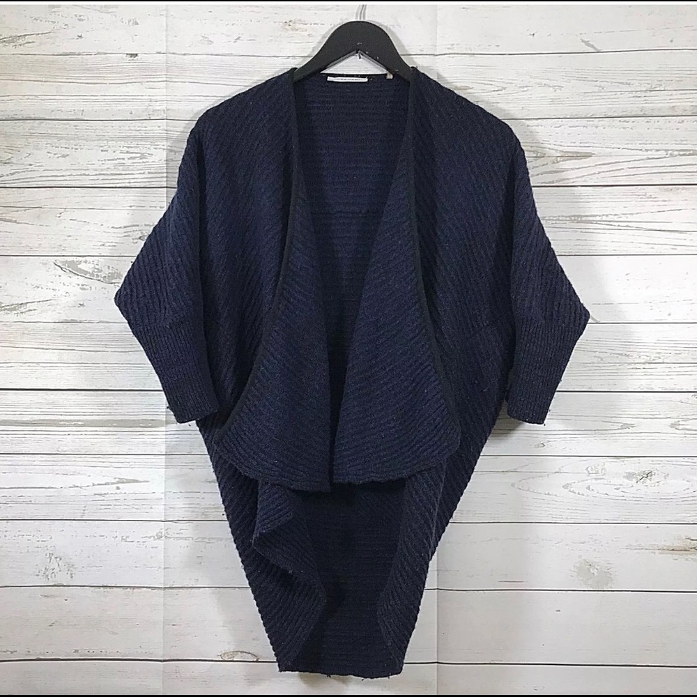 T Tahari Blue Black Wool Cardigan Sweater Shrug